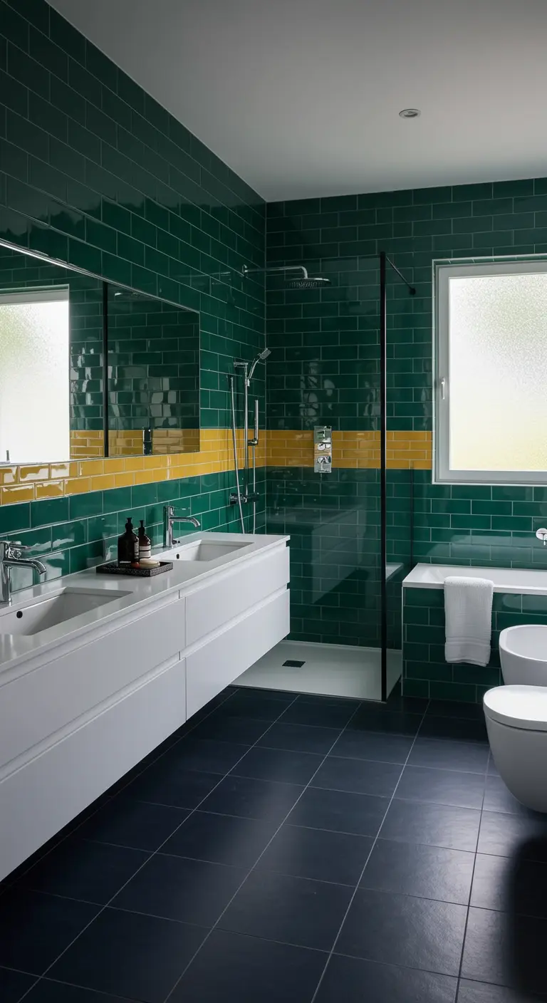Green and yellow tiled bathroom with navy floor, dual vanity, and glass shower screen.