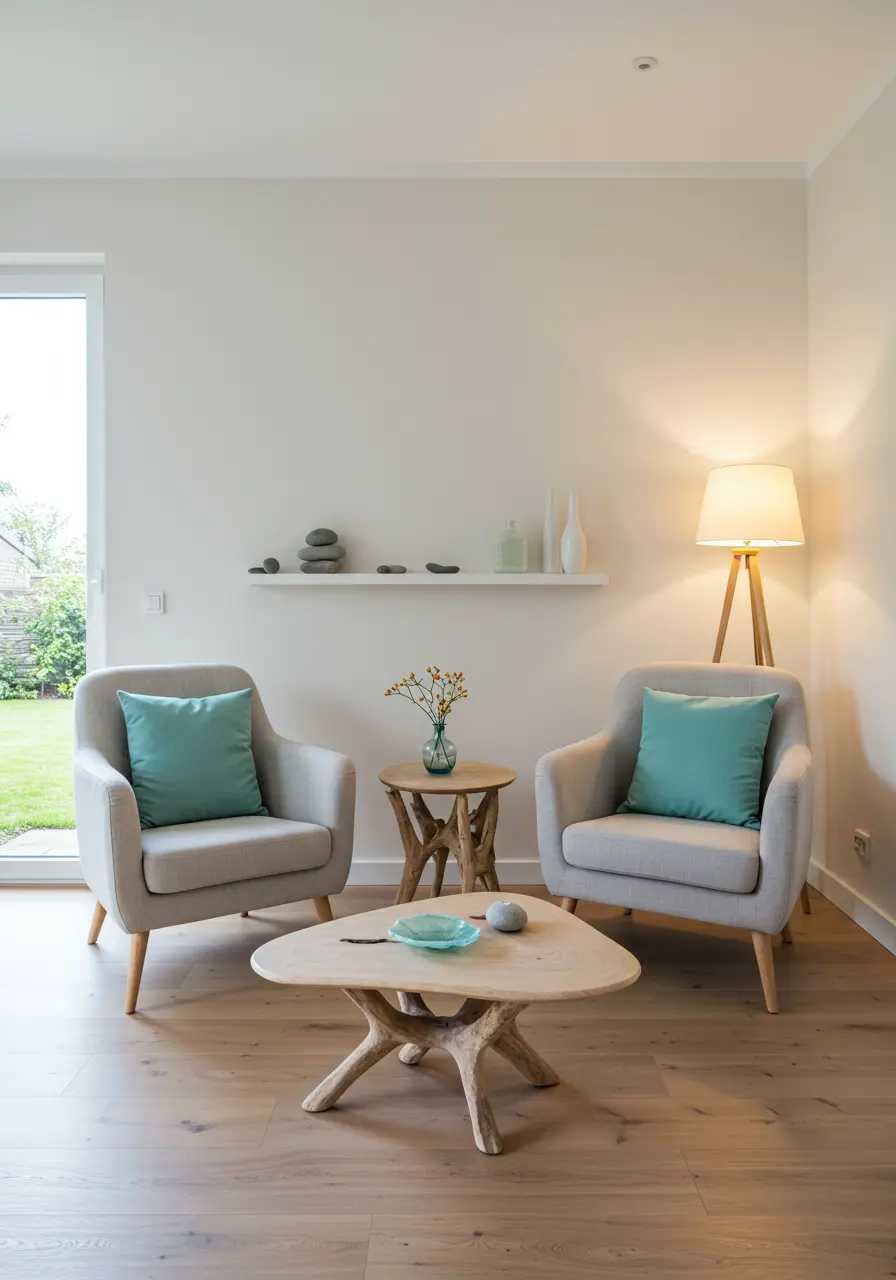 Two light gray armchairs with aqua pillows, a small driftwood side table, and a minimalist wall shelf.