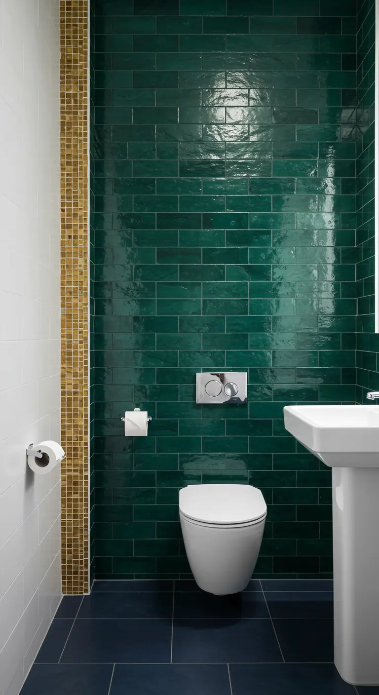 Bathroom with emerald green subway tiles, a vertical yellow mosaic strip, and a navy floor.