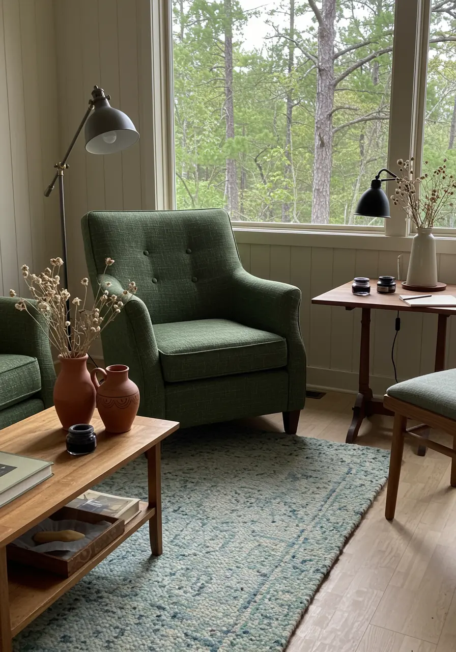 Living room nook with two green armchairs, small tables, and a light blue-green rug.