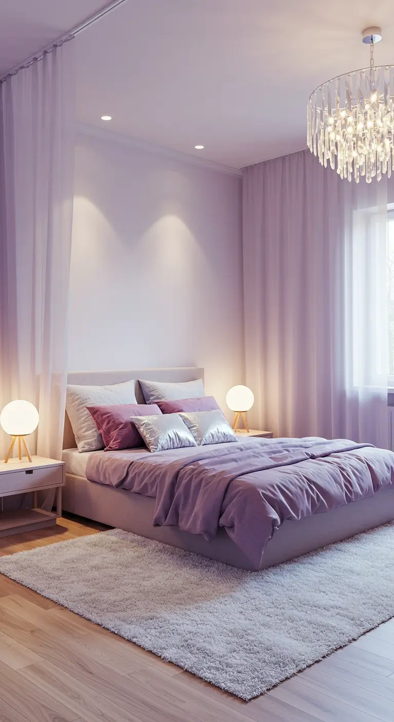 Lavender bedroom with a tufted bed, modern chandelier, and two round bedside lamps.