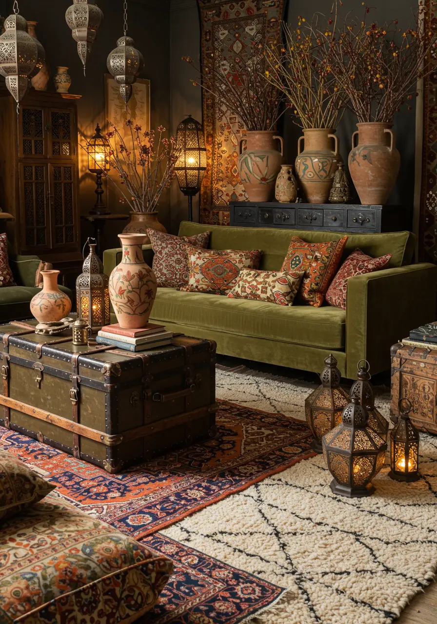 Eclectic living room with green velvet sofa, layered rugs, ornate lanterns, and terracotta vases.