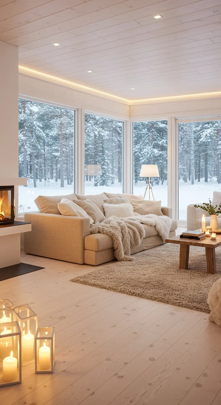 Bright living room with sectional sofa, fireplace, layered lighting, and candles.