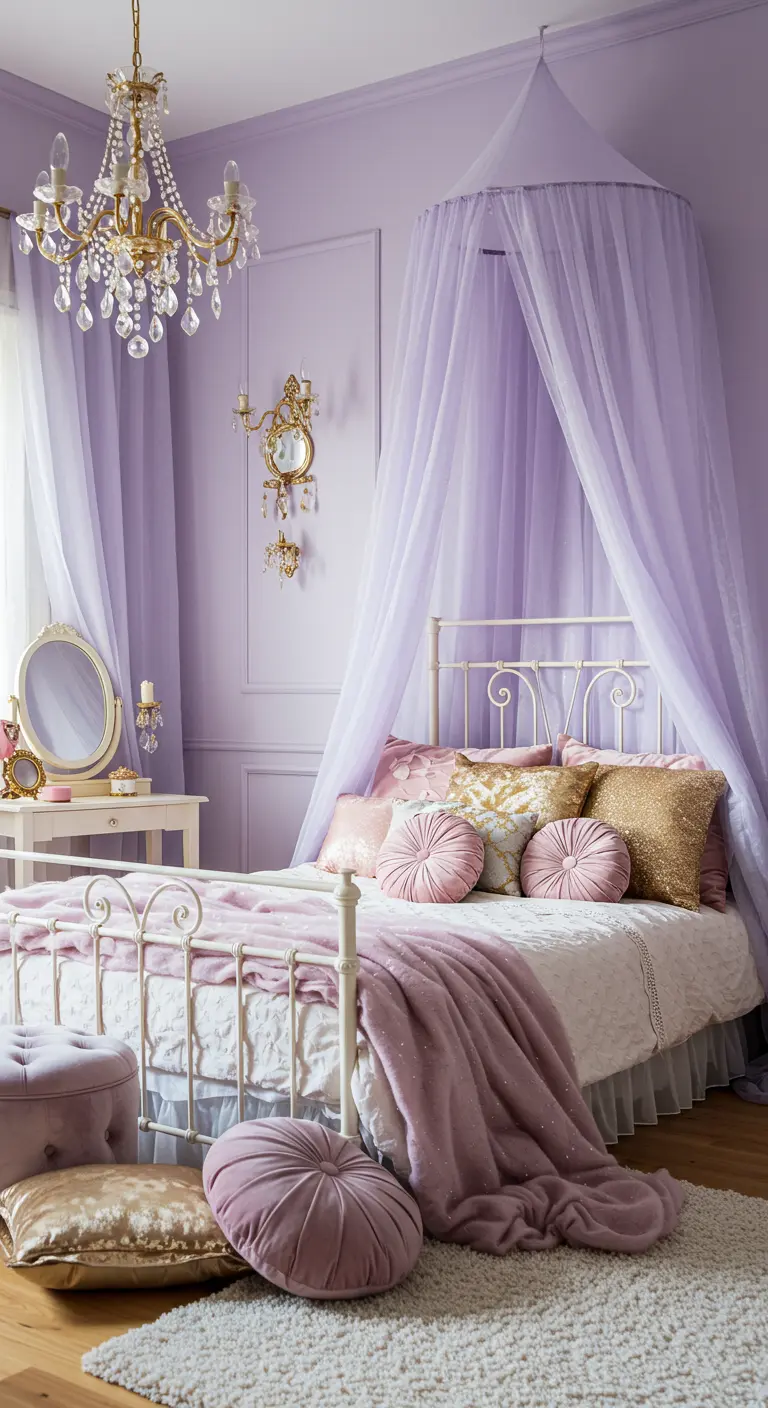Lilac bedroom with a sheer canopy, ornate gold chandelier, and velvet pink pillows.