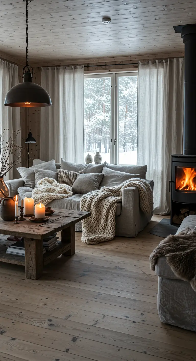 Cozy living room with wood paneled walls, linen drapes, and wood stove.