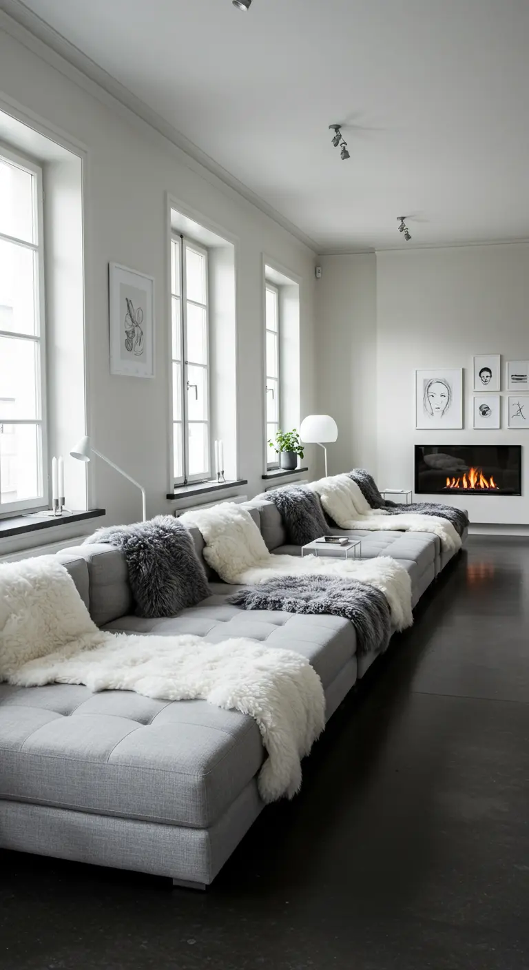 Long grey sectional sofa adorned with multiple faux fur throws.