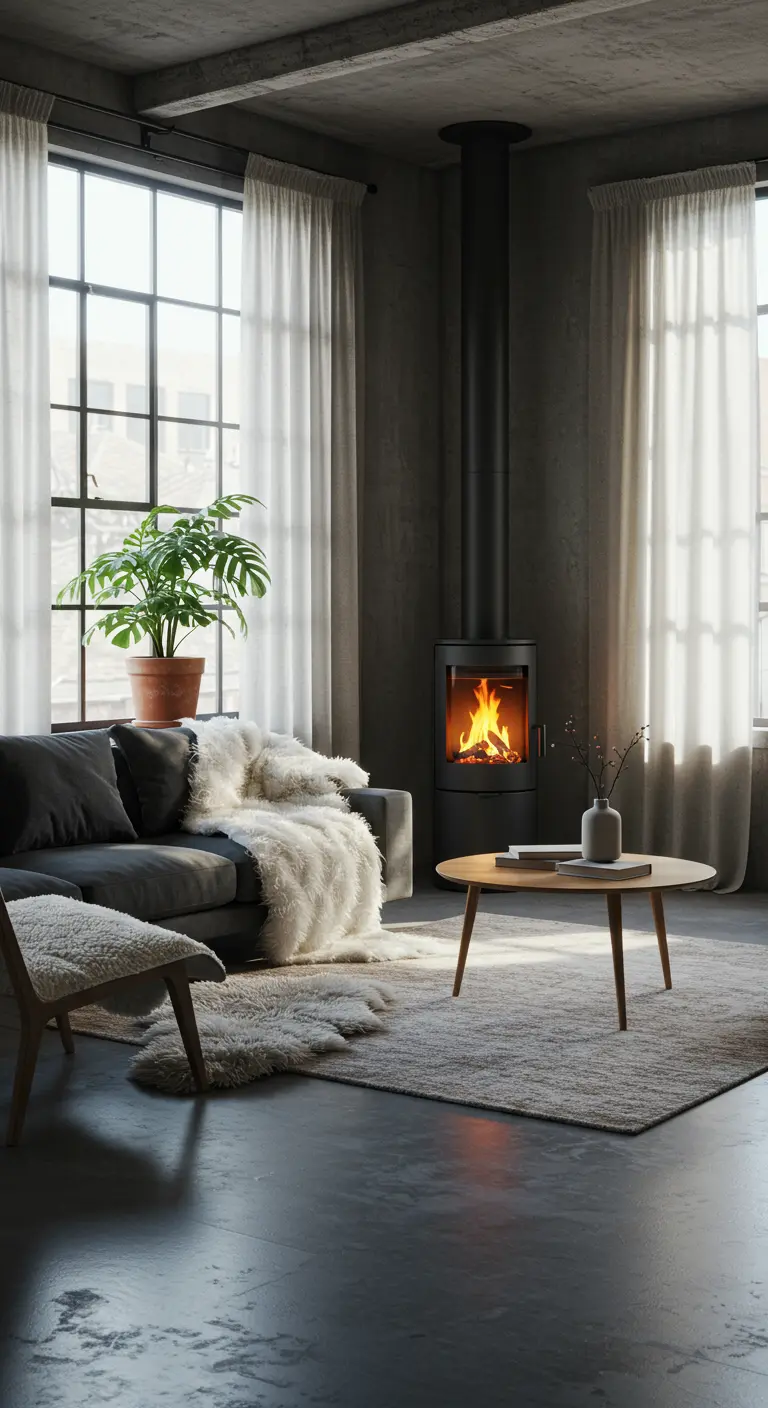 Contemporary living room with a freestanding wood stove and large windows.