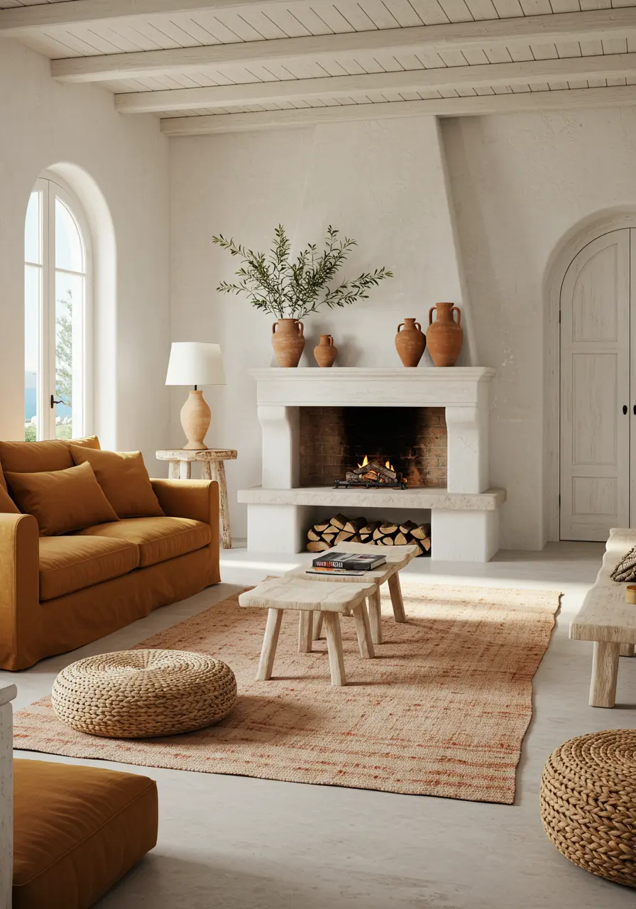 White Mediterranean-style living room with archways, terracotta vases, and a gold sofa.