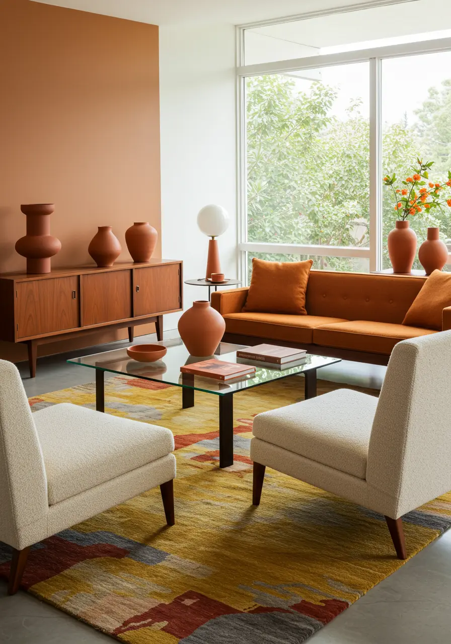 Mid-century modern living room with terracotta accent wall, orange sofa, and abstract rug.