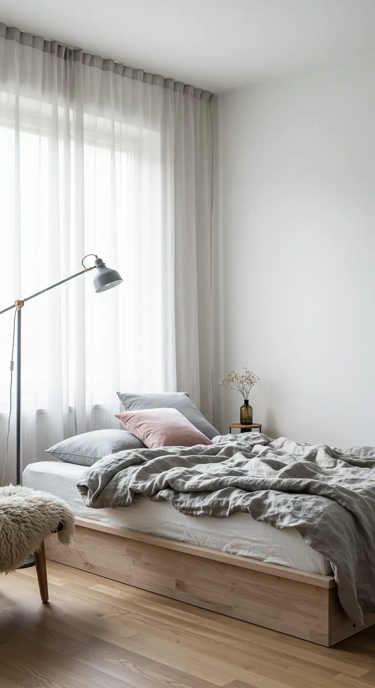 Minimalist white bedroom with large sheer curtains, a platform bed, and subtle pastel pillows.
