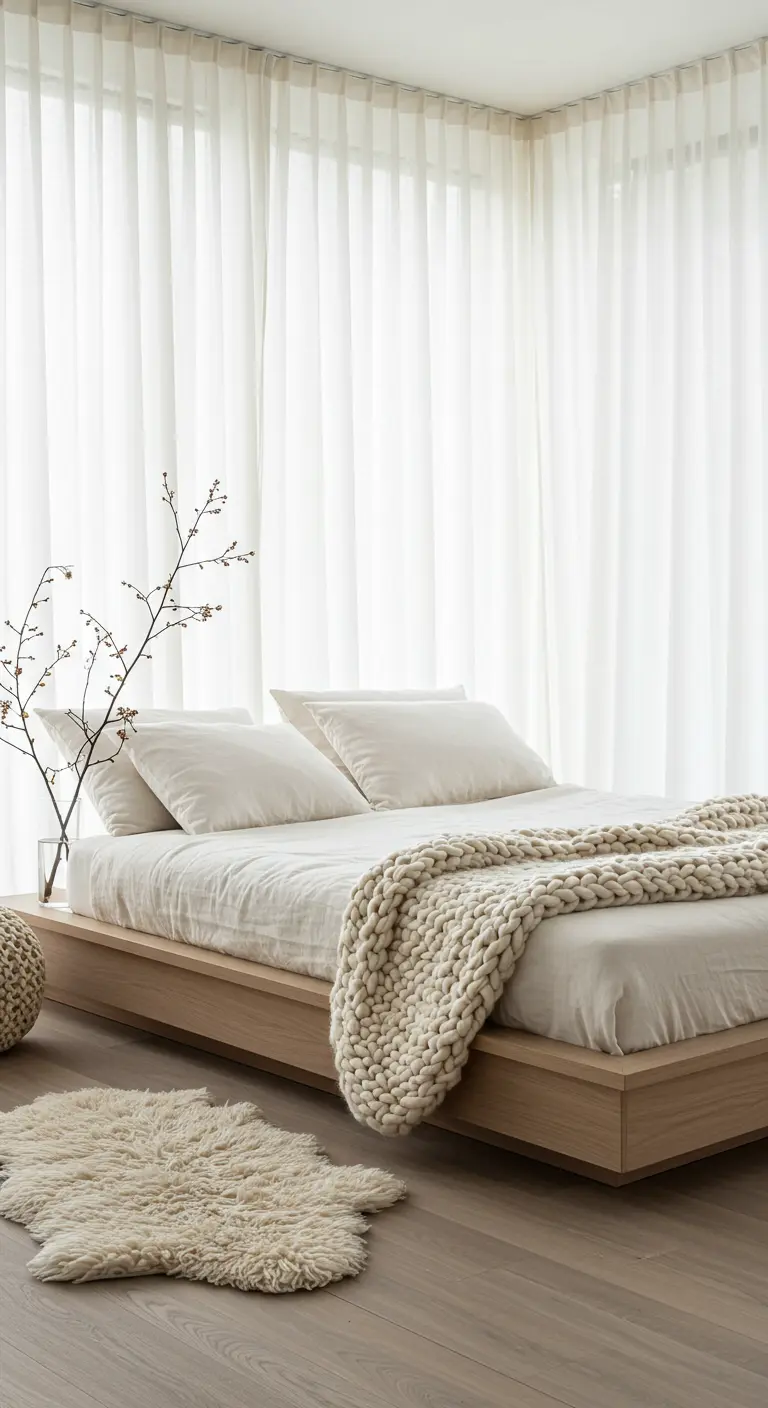 Minimalist bedroom with a low natural wood bed, white sheer curtains, and a chunky knit blanket.