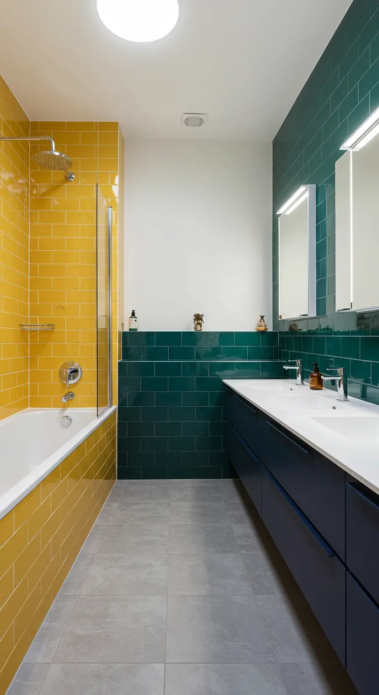 Bathroom with yellow tiled shower, green lower wall, white upper wall, navy vanity.