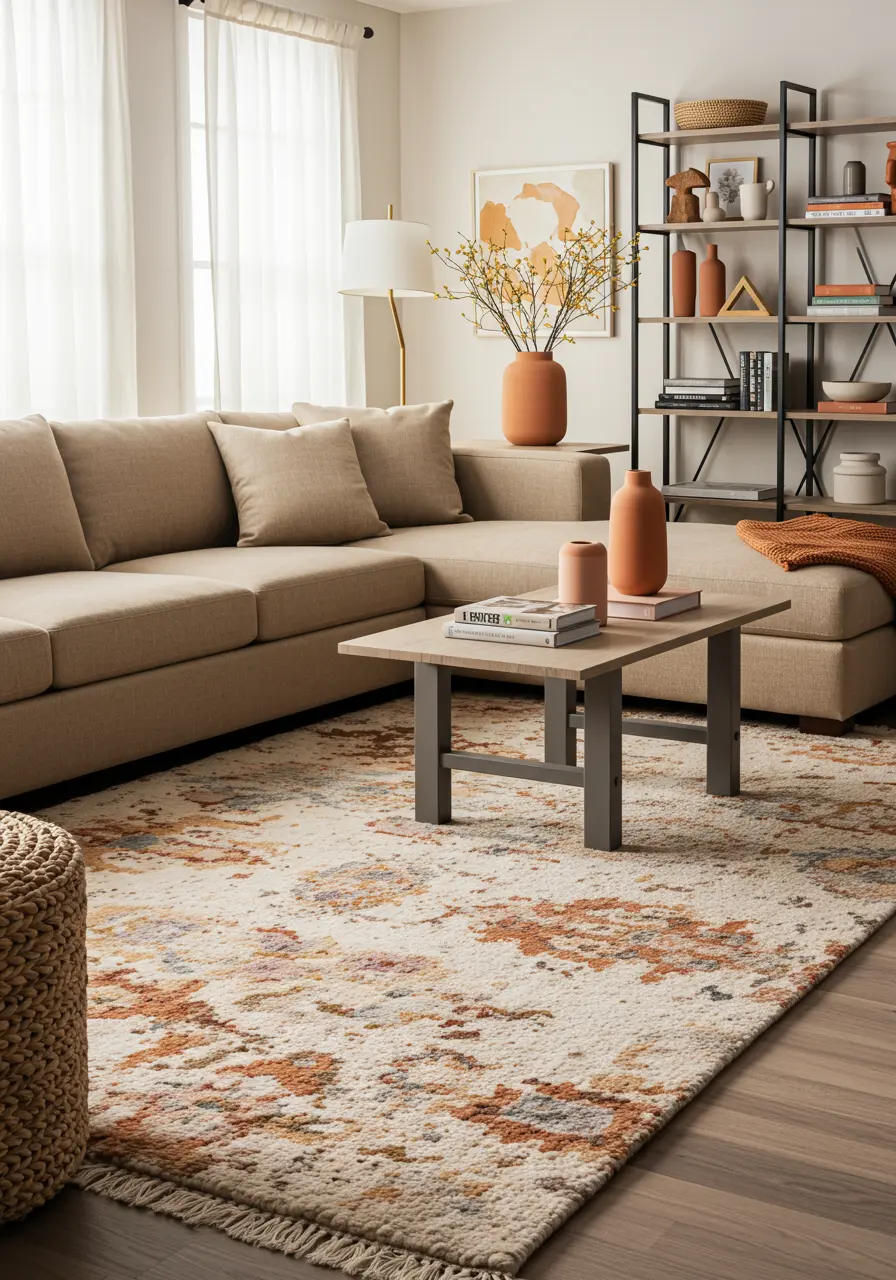 Modern living room with neutral sectional sofa, abstract rug, and open shelving with decor.
