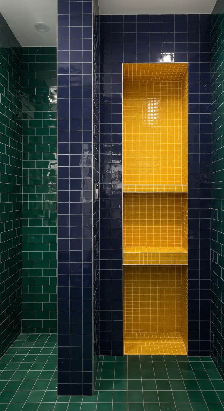 Color-blocked shower with navy and emerald green tiles, featuring a bright yellow niche.