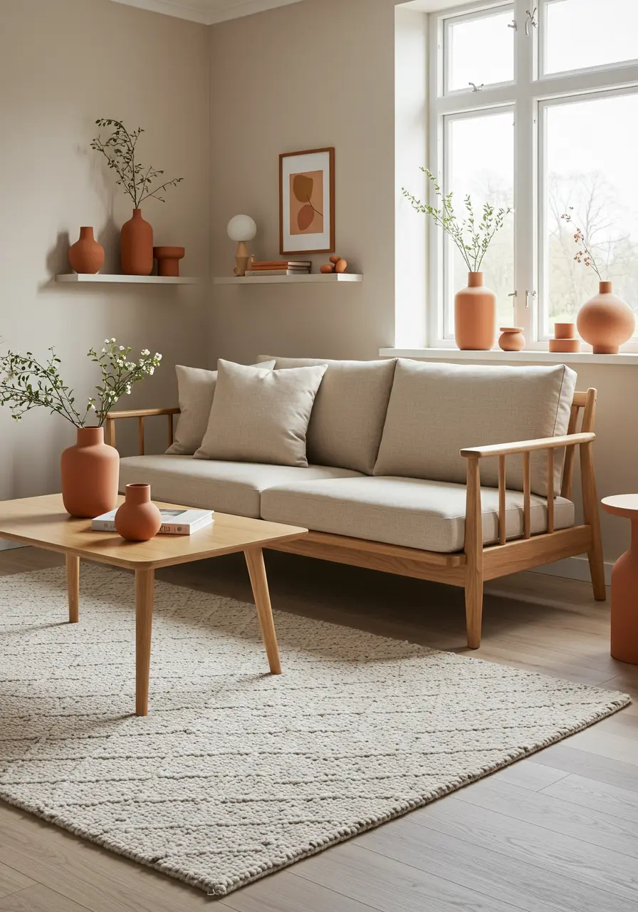 Bright Nordic-style living room with light wood sofa, floating shelves, and terracotta vases.