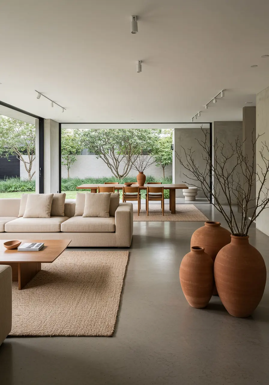 Modern open-plan living room with large neutral sofa, jute rug, and oversized terracotta vases.