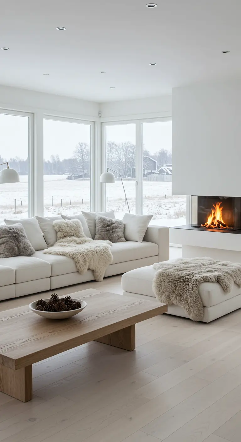 Spacious white living room with large sofa, faux fur throws, and wood table.