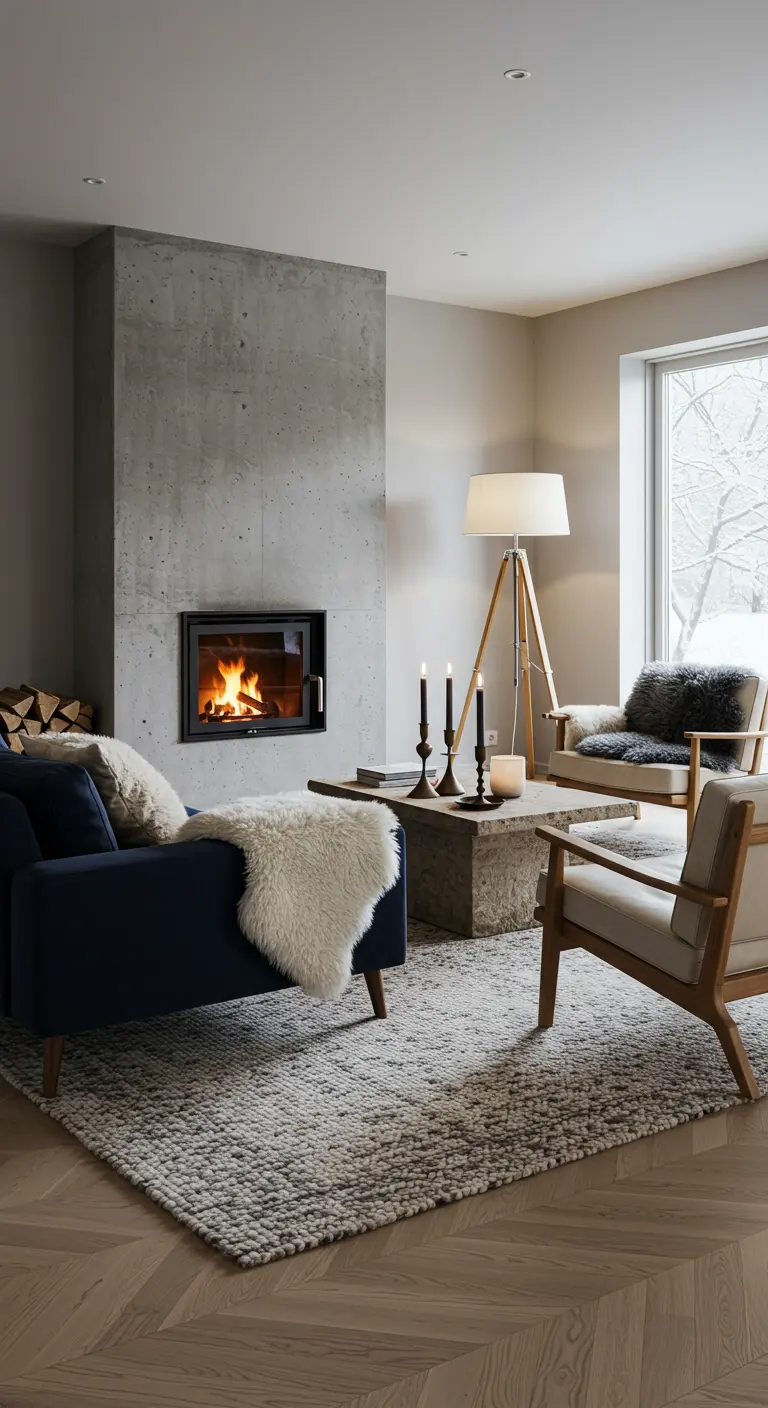 Modern living room with concrete fireplace, blue sofa, and faux fur.