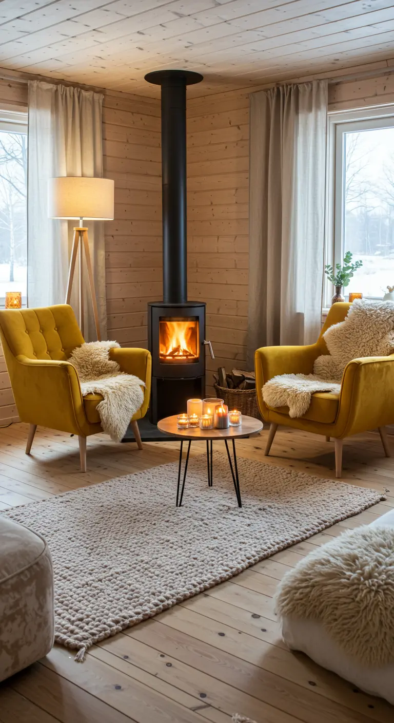 Living room with two yellow armchairs, faux fur throws, and candles.