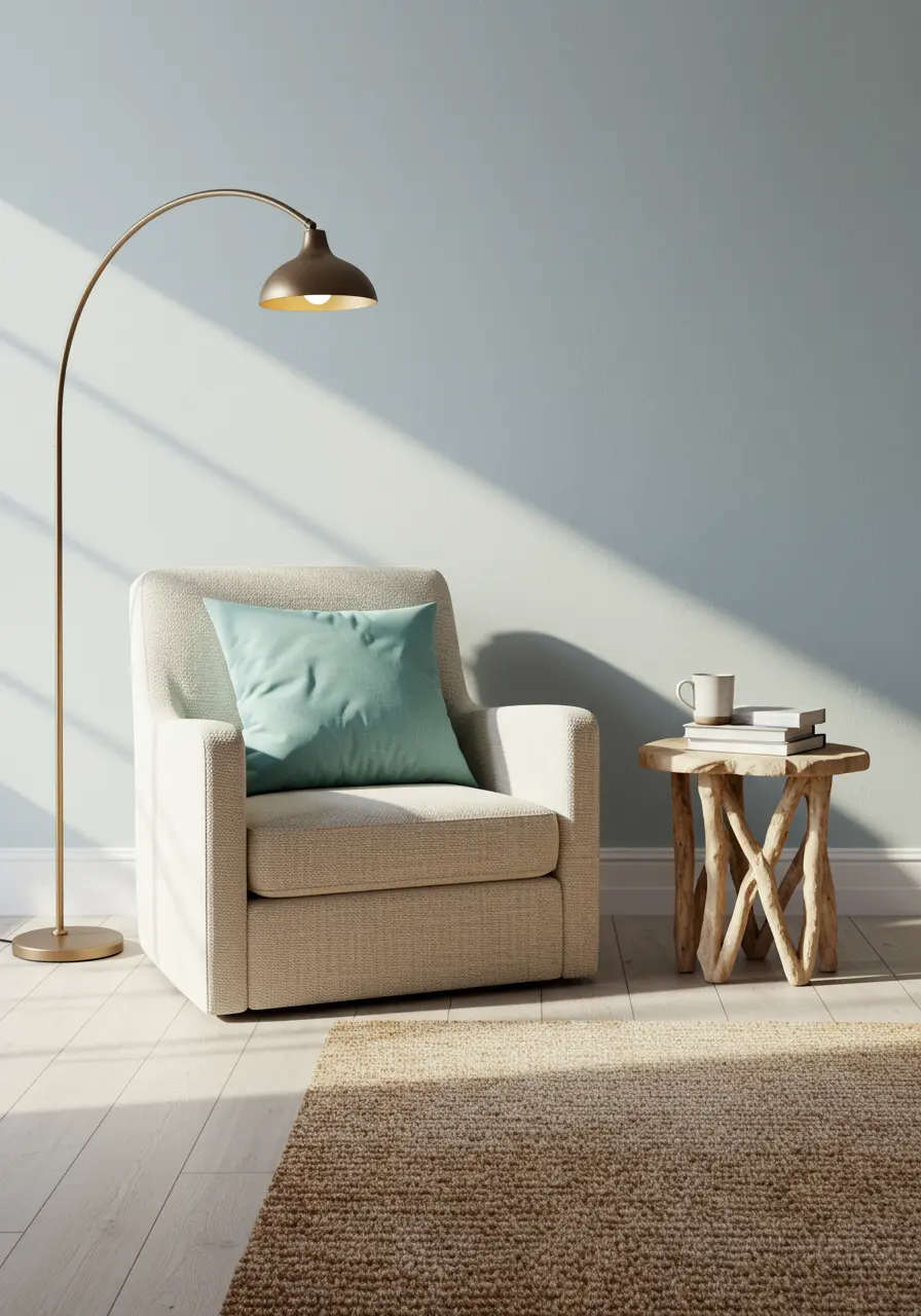 Cozy reading nook with an armchair, brass arc lamp, and small driftwood side table.
