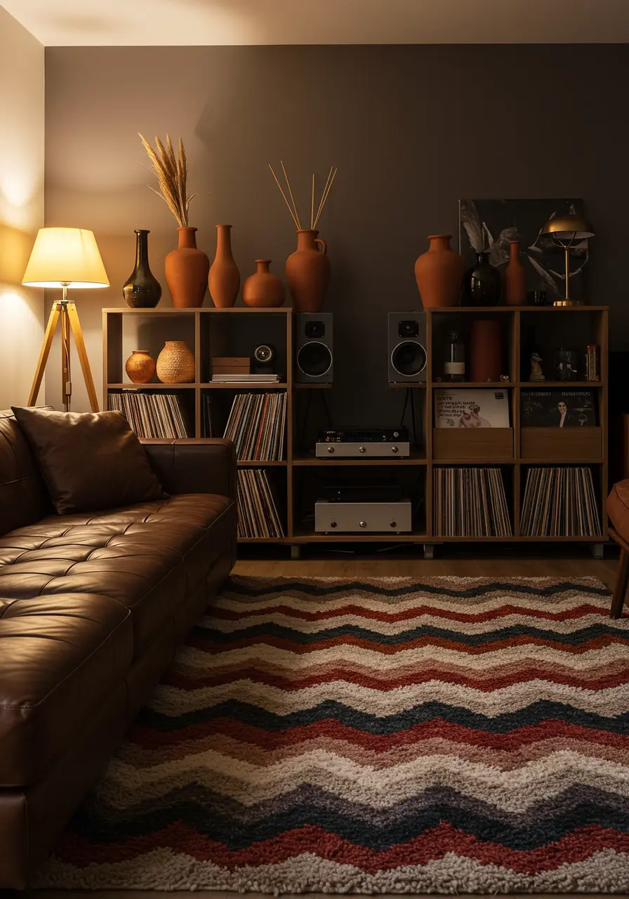 Cozy living room with leather sofa, record shelves, chevron rug, and terracotta vases.