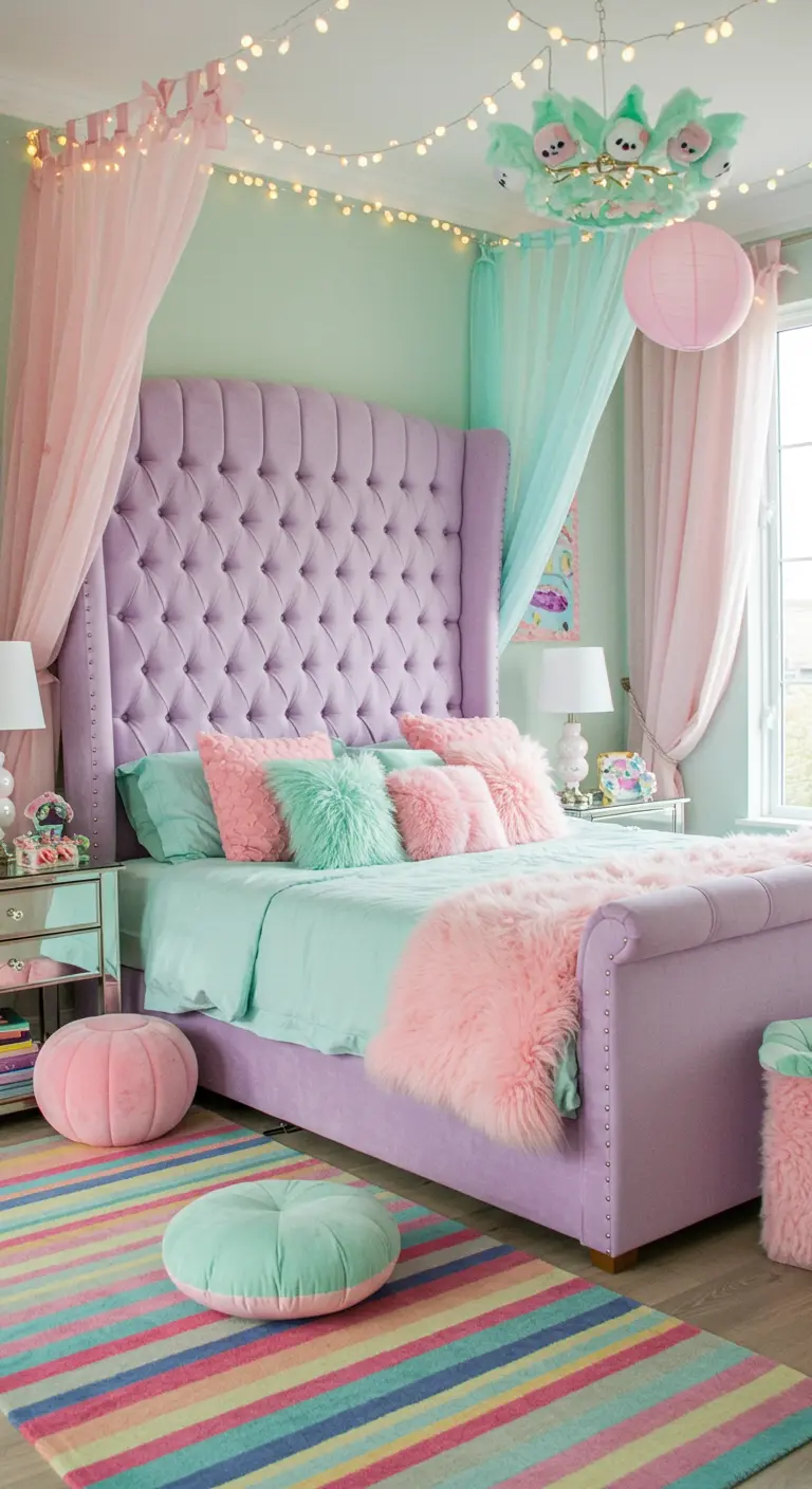 Colorful pastel bedroom with a lavender tufted bed, striped rug, and string lights.
