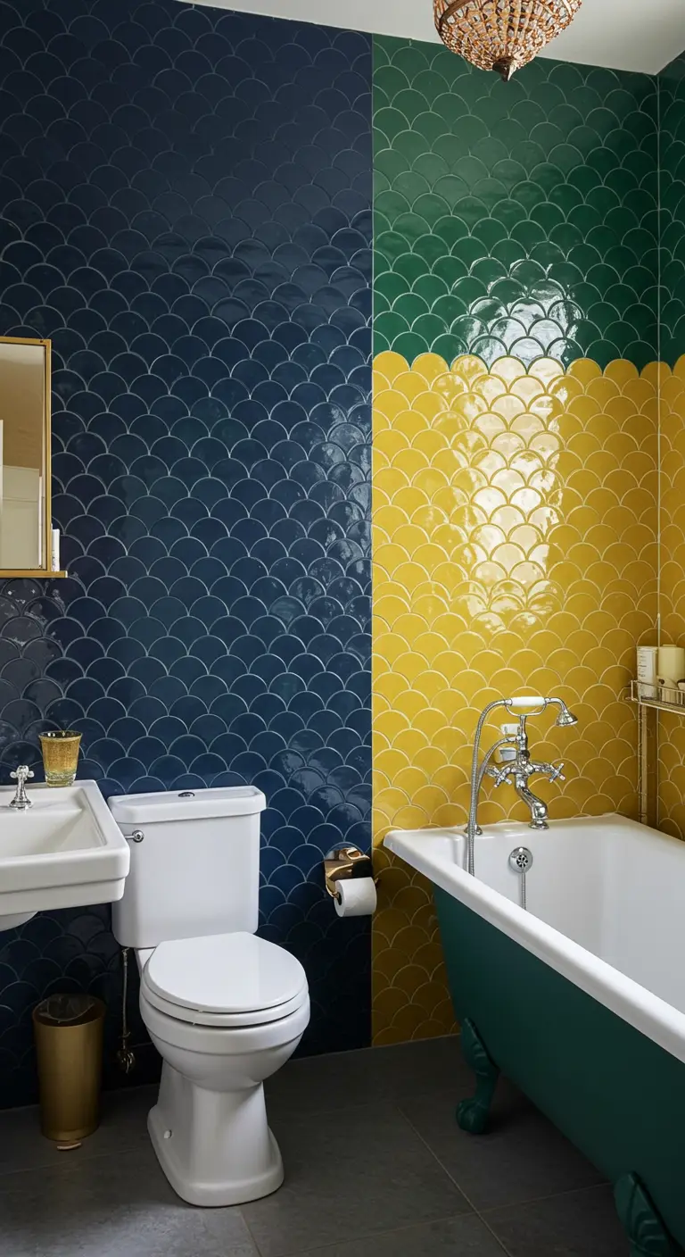 Bathroom with navy, yellow, and green scallop tiles, a pedestal sink, and a green clawfoot tub.