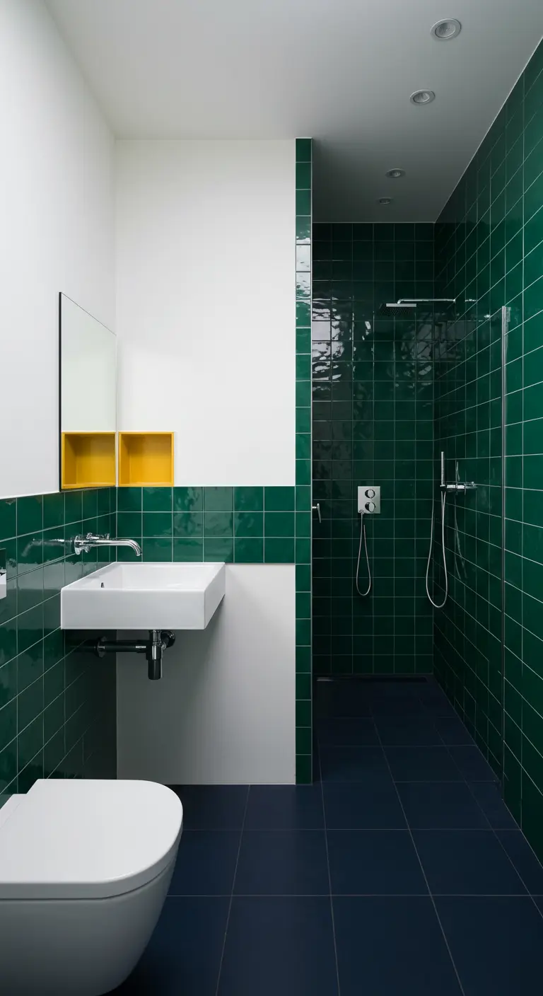 Bathroom with green and white tiled walls, yellow recessed cubbies, navy floor, and white sink.