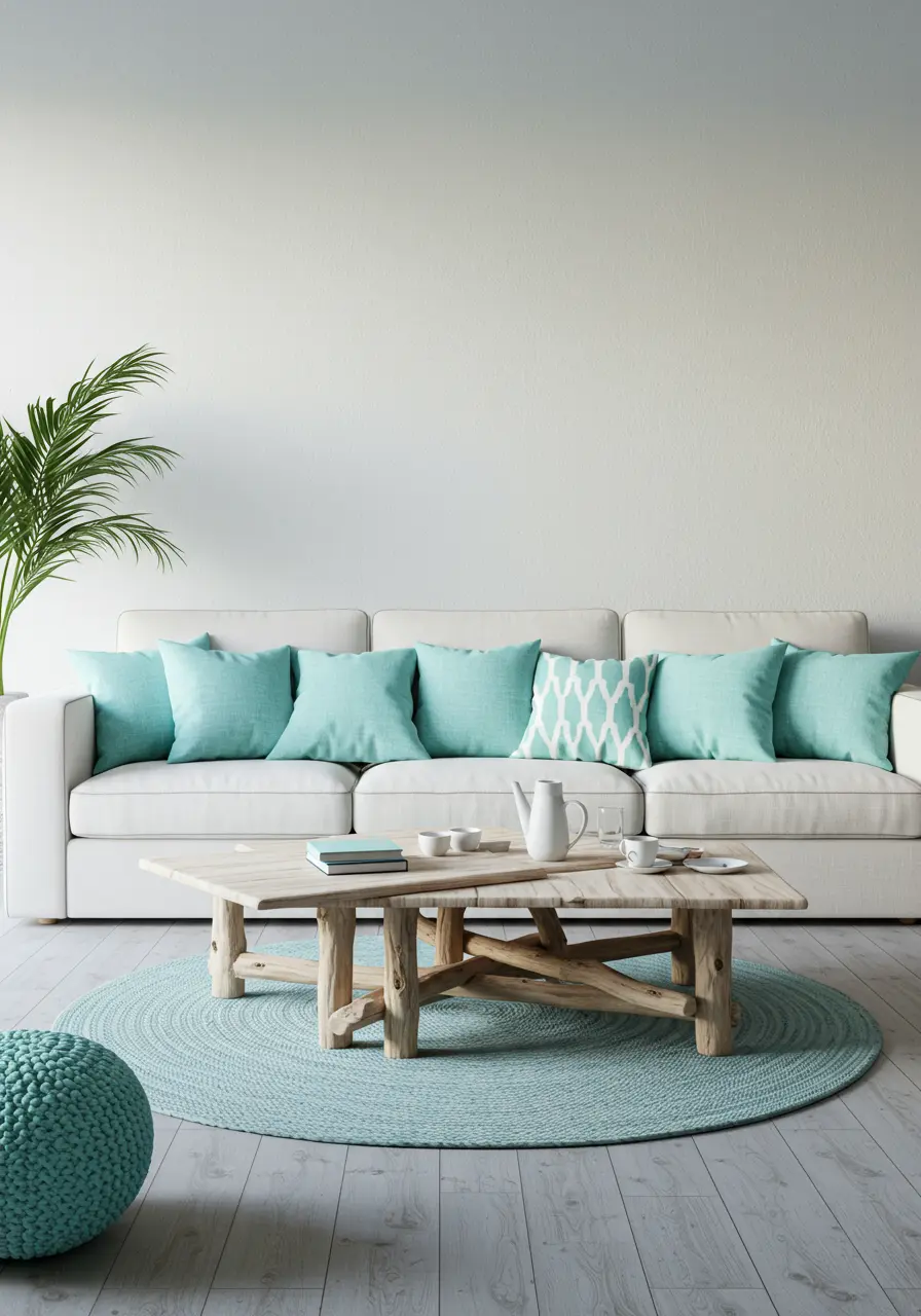 White living room with a white sofa, round aqua jute rug, driftwood table, and knitted pouf.