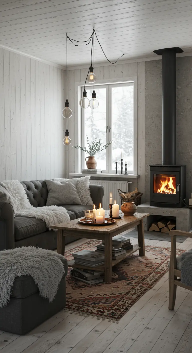 Cozy living room with vintage rug, grey sofa, wood stove, and layered lighting.