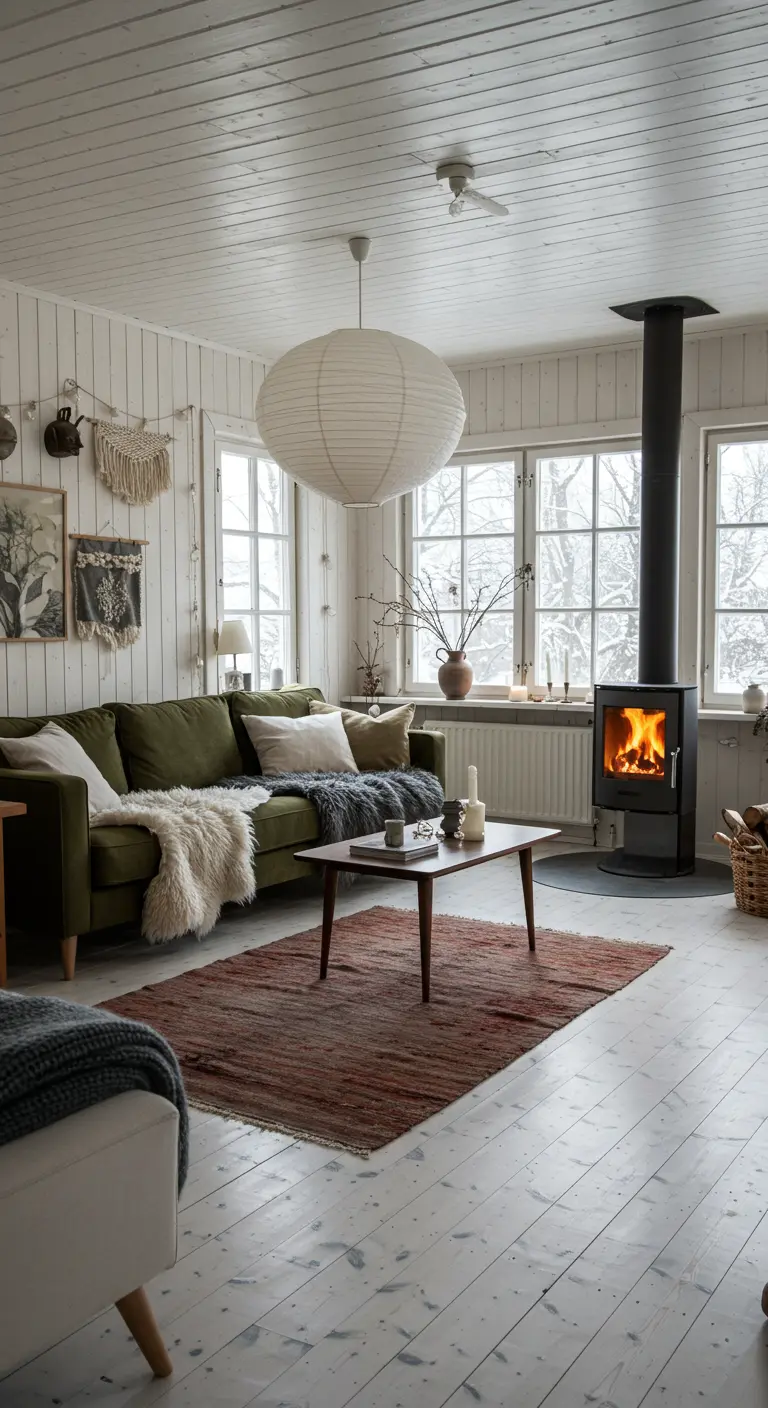 Cozy living room with wood walls, green sofa, wood stove, and mixed throws.
