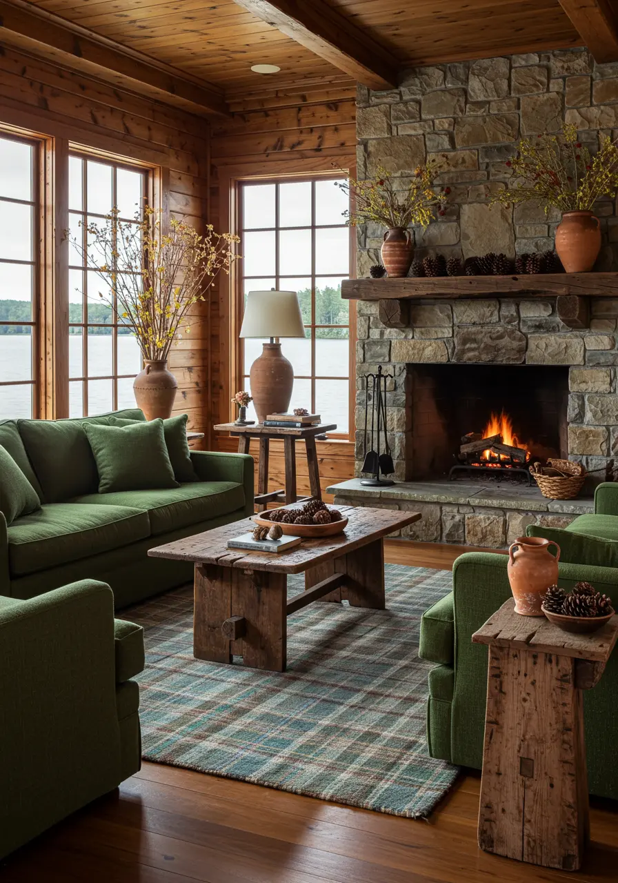 Rustic cabin living room with stone fireplace, wood paneling, green sofas, and plaid rug.