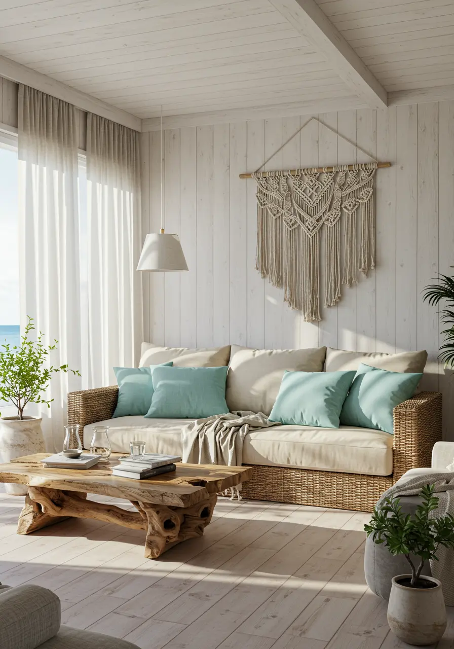 Coastal living room with light wood paneling, woven sofa, macrame wall art, and a large driftwood coffee table.