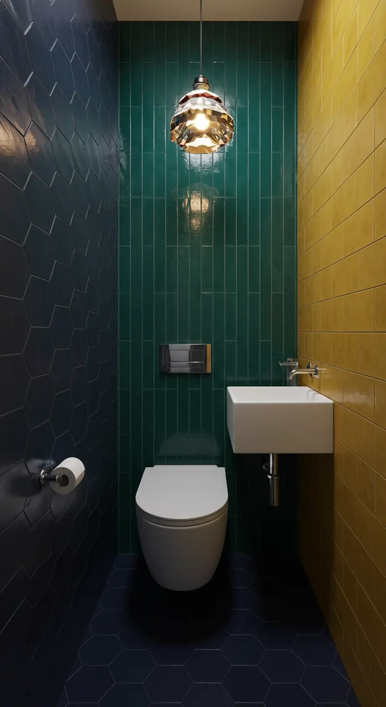Powder room with navy hexagon tiles, vertical green and yellow tiles, and a chic pendant light.