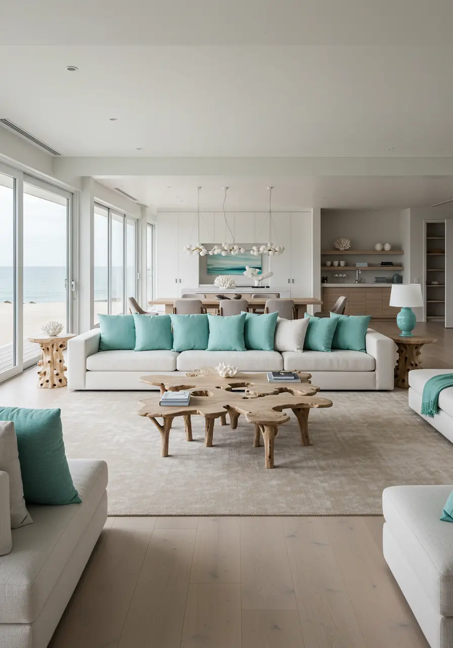 Expansive open-plan living and dining area with multiple light sofas and aqua accents overlooking the beach.