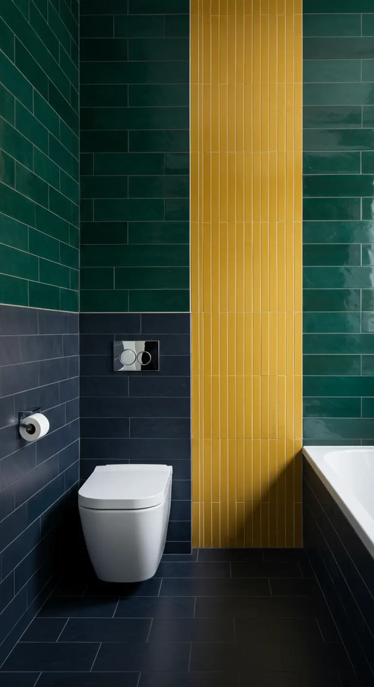 Bathroom with emerald green and navy tiles, featuring a slim vertical mustard yellow tile strip.