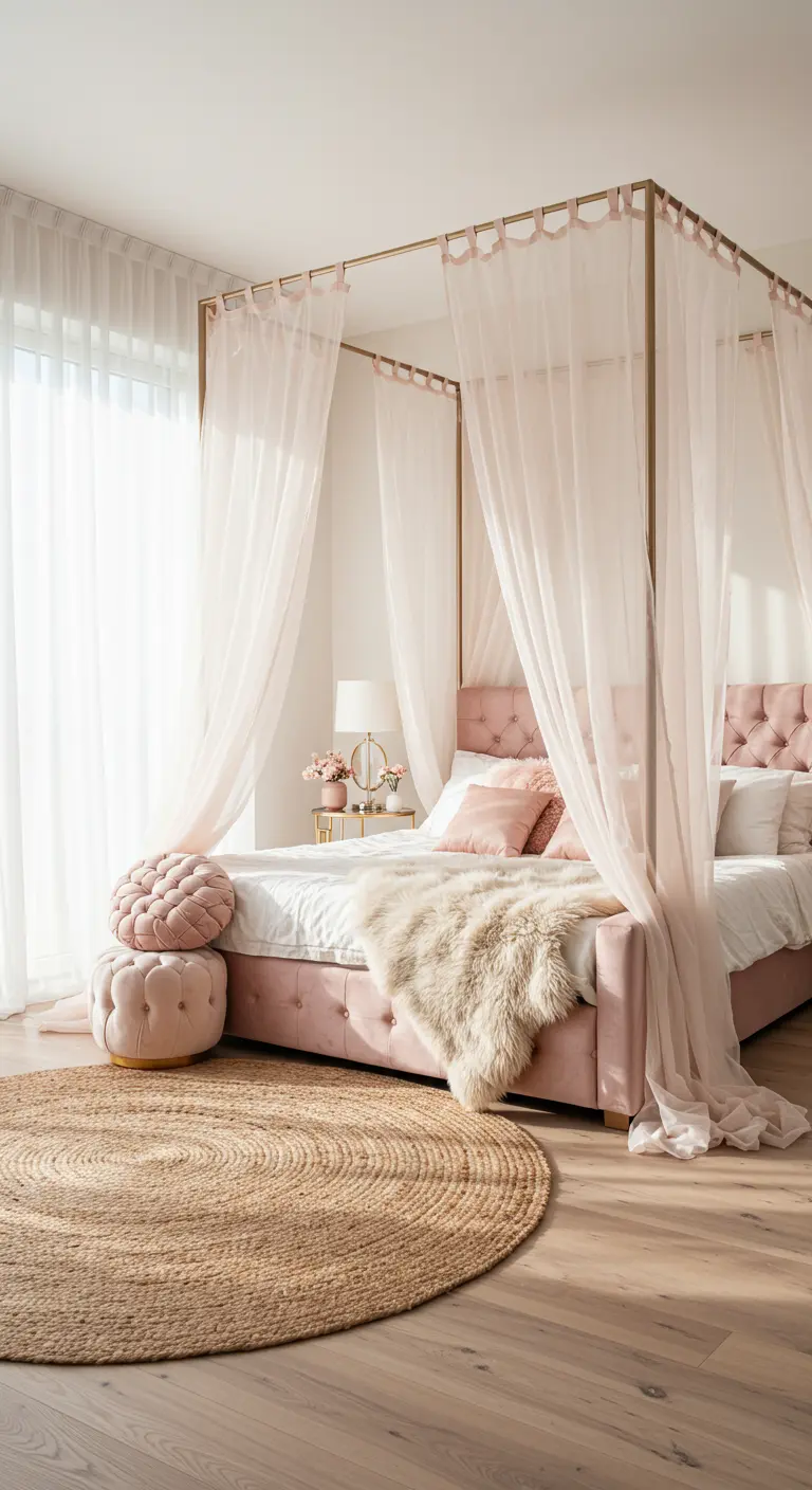 Blush pink canopy bed with sheer drapes, round jute rug, and velvet poufs in a serene bedroom.