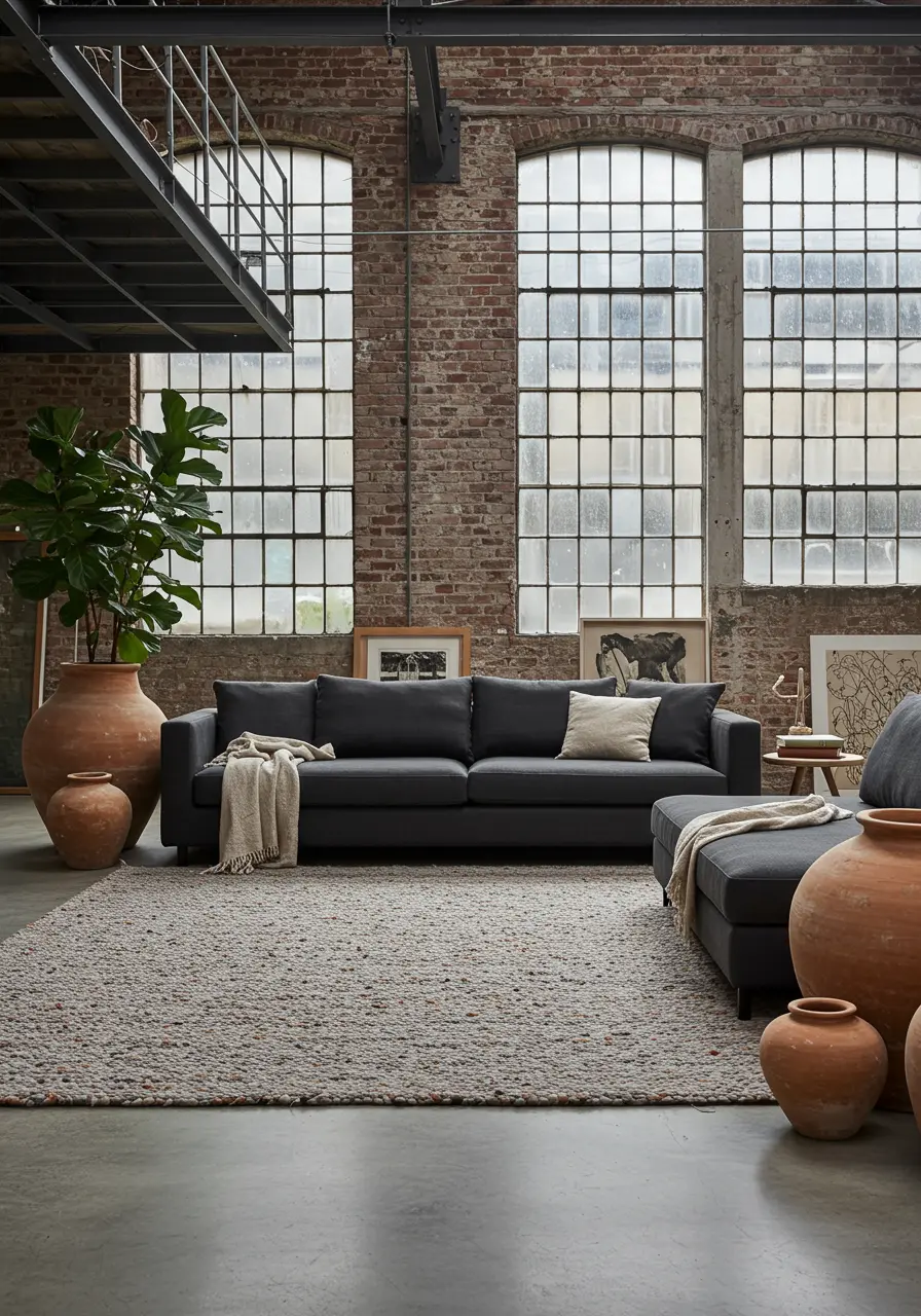 Industrial loft living room with exposed brick, grey sofa, large plant, and oversized terracotta pots.