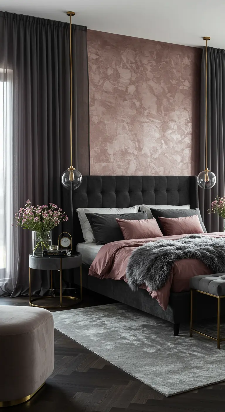 Sophisticated bedroom with a blush pink textured accent wall, charcoal bed, and pendant lights.