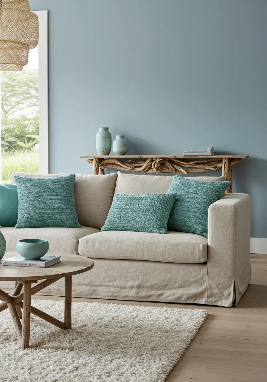 Living room with a blue accent wall, console table, and textured aqua throw pillows on a beige sofa.