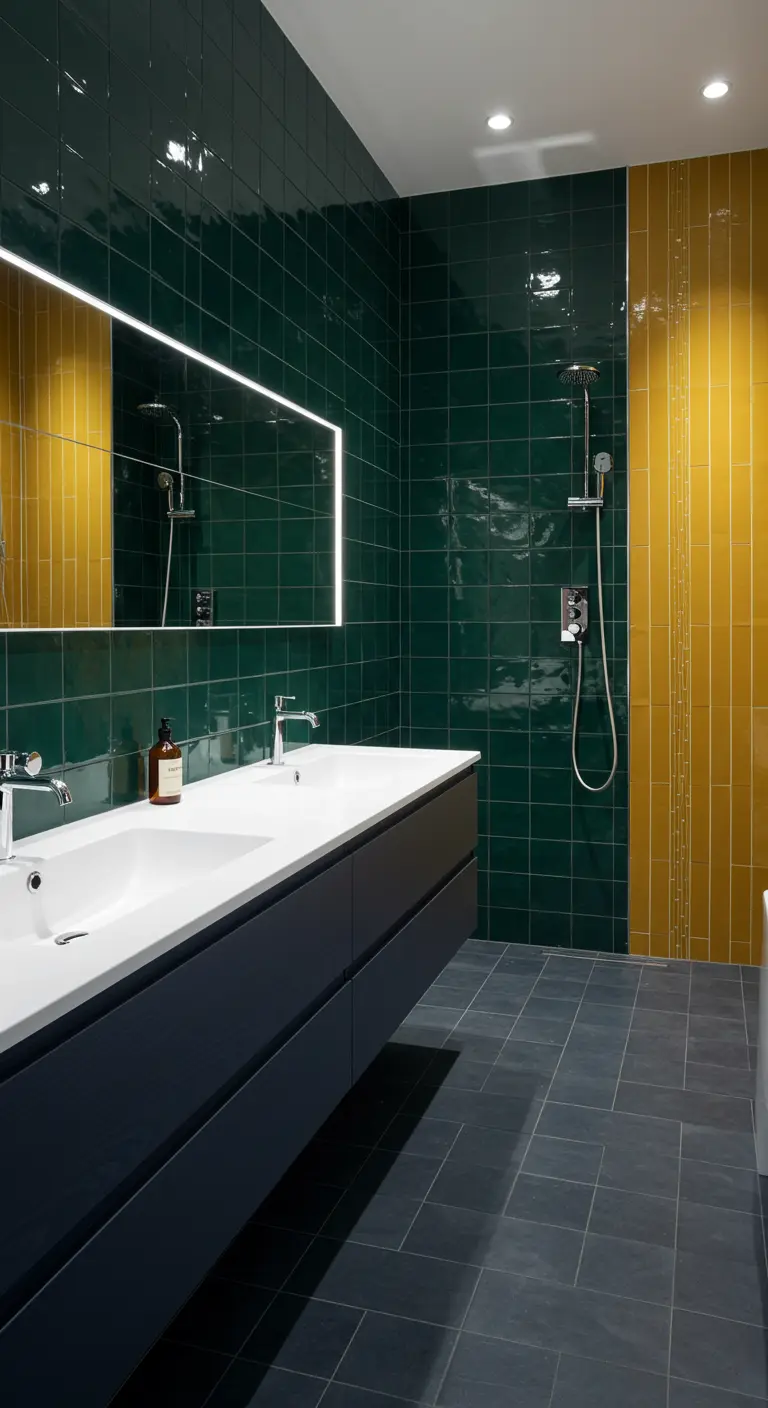Modern bathroom with green subway tiles, yellow accent, navy floating vanity, and illuminated mirror.