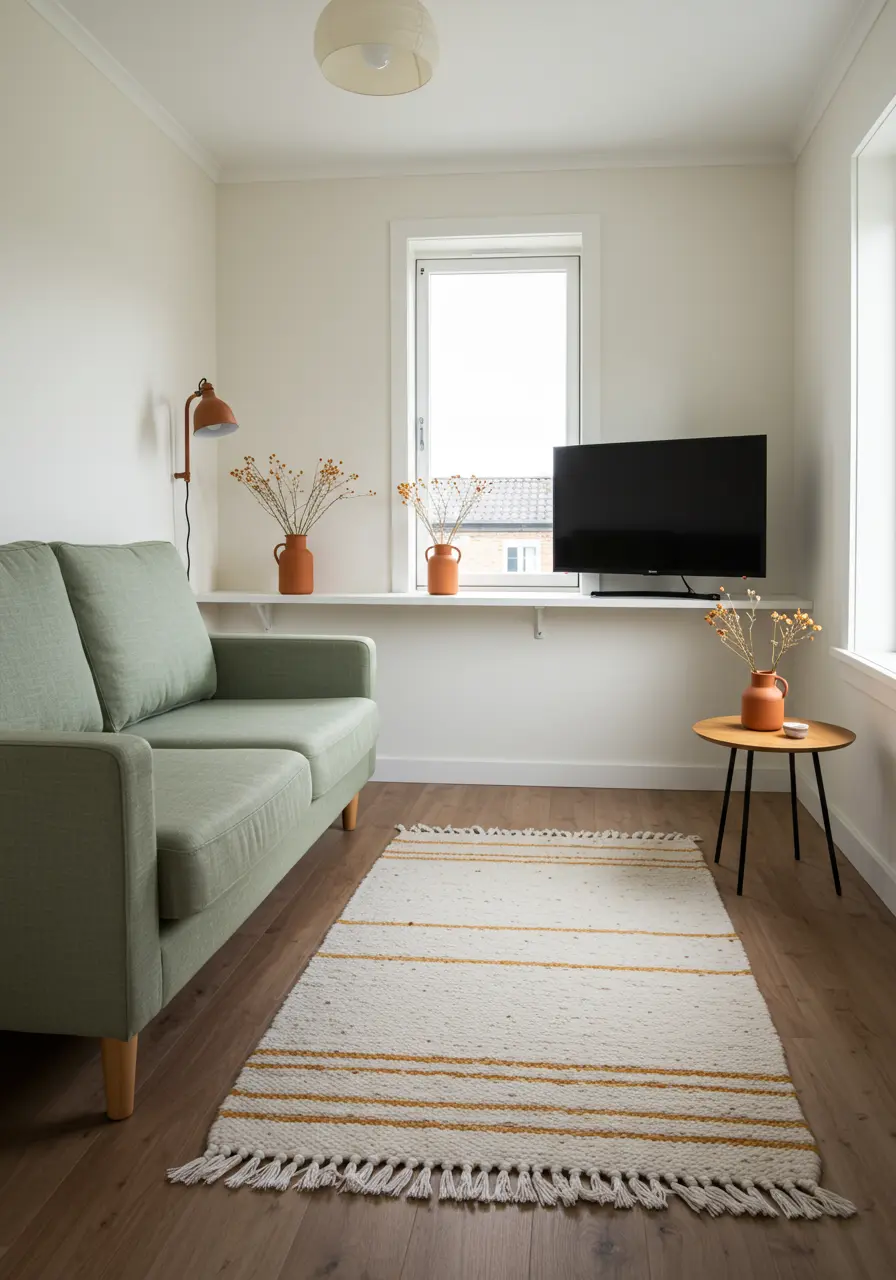Narrow living room with green sofa, wall shelf with terracotta vases, and a striped rug.
