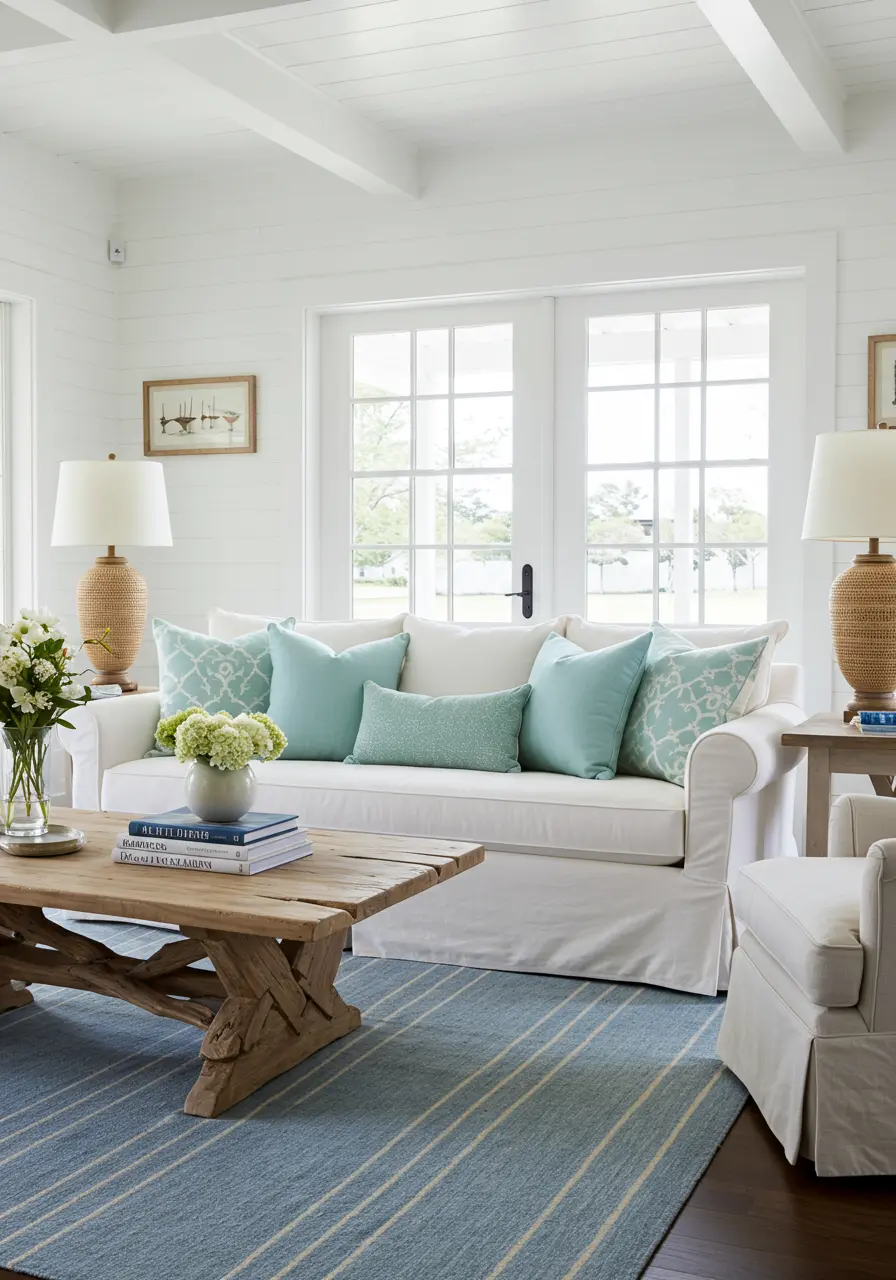 White living room with a blue striped rug, white slipcovered sofa, and French doors.