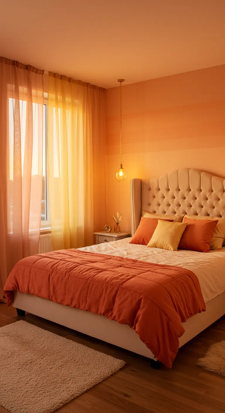 Bedroom with an orange ombre accent wall, matching sheer curtains, and a cream tufted bed.
