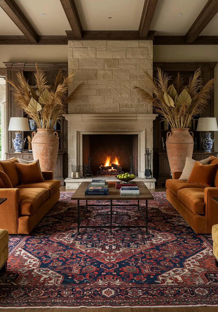 Symmetrical living room with two orange sofas, large fireplace, and ornate rug.