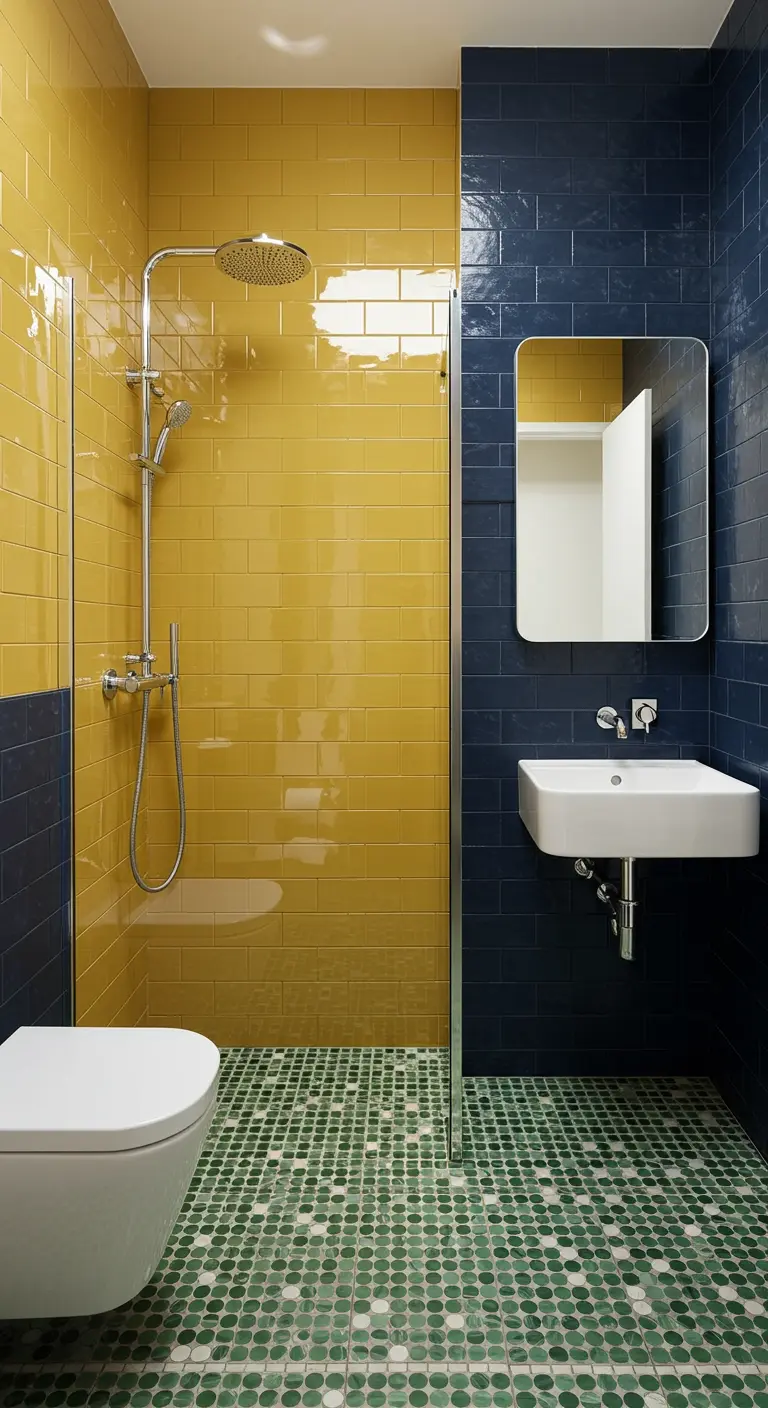 Bathroom with yellow tiled shower, navy tiled wall, and emerald green penny tile floor.