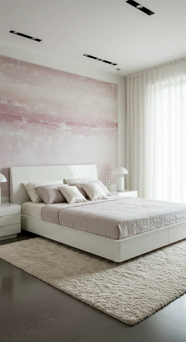 Bedroom with a dusty rose textured accent wall, white low-profile bed, and plush rug.