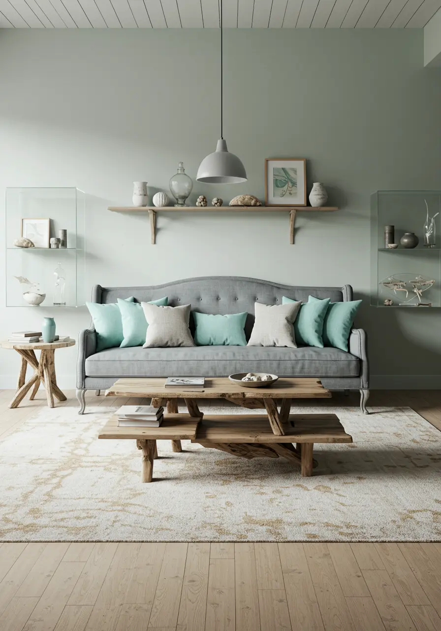 Living room with a grey sofa, soft green wall, and artfully arranged open shelves with coastal decor.