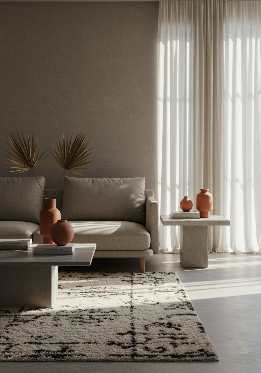 Minimalist living room with sheer white curtains, grey sofa, textured wall, and abstract rug.