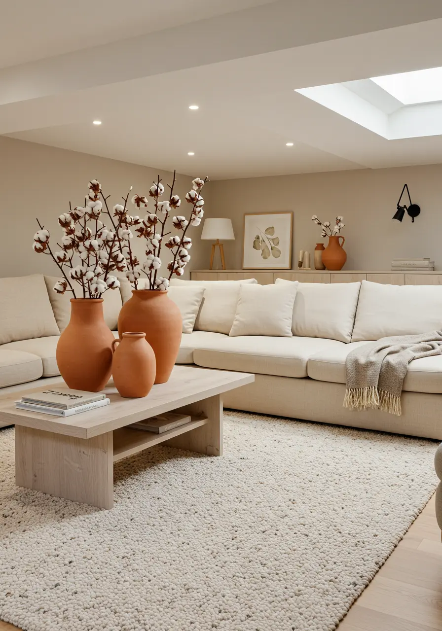 Neutral living room with large sectional sofa, shaggy rug, and large terracotta vases.
